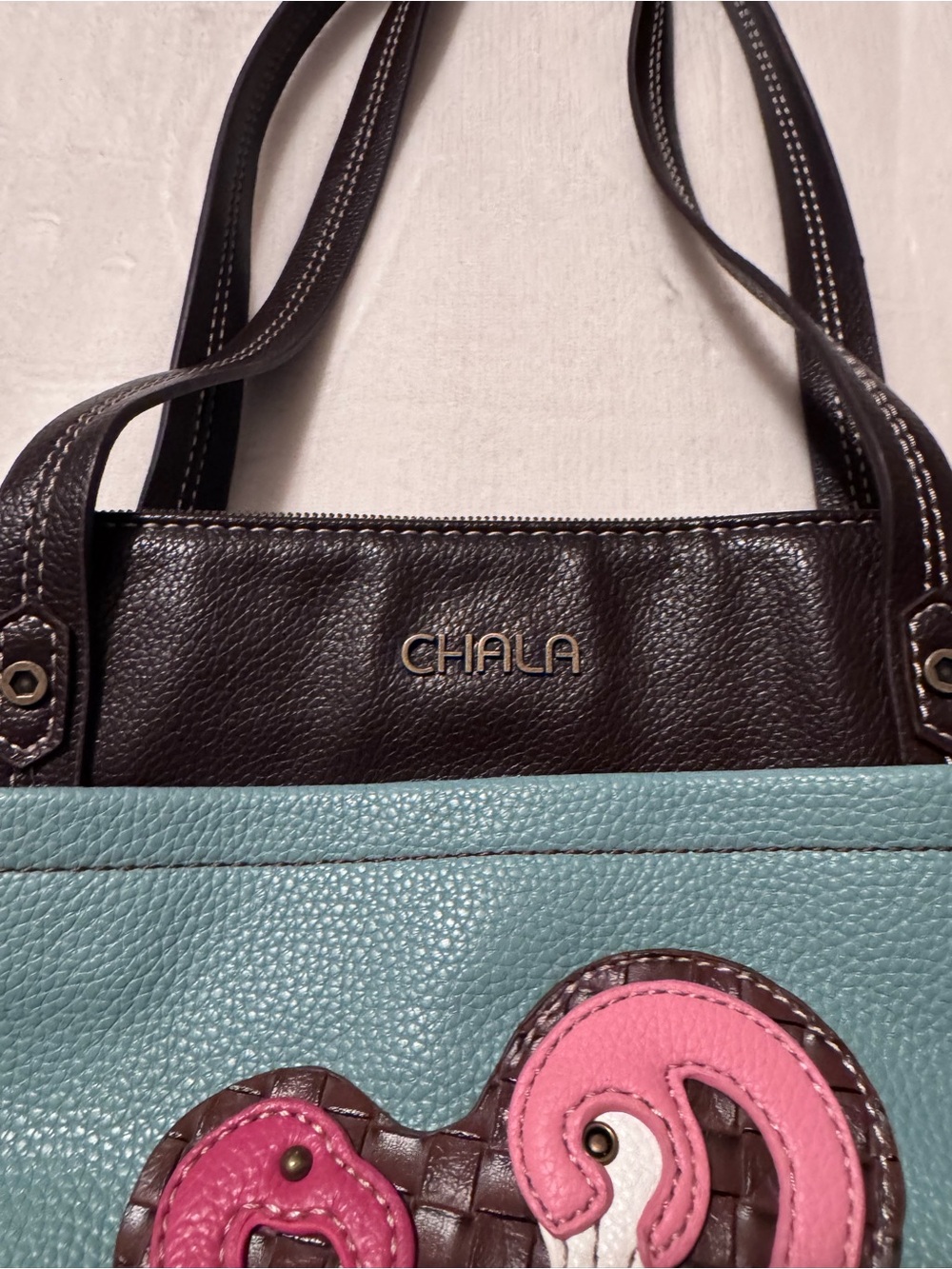 Chala Teal Tote with Pink Flamingo Applique and Dark Brown Trim - Picture 3 of 5